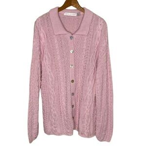 American Knitworks Pink Cotton Cardigan Cottagecore Chunky Cable Knit Women’s L
